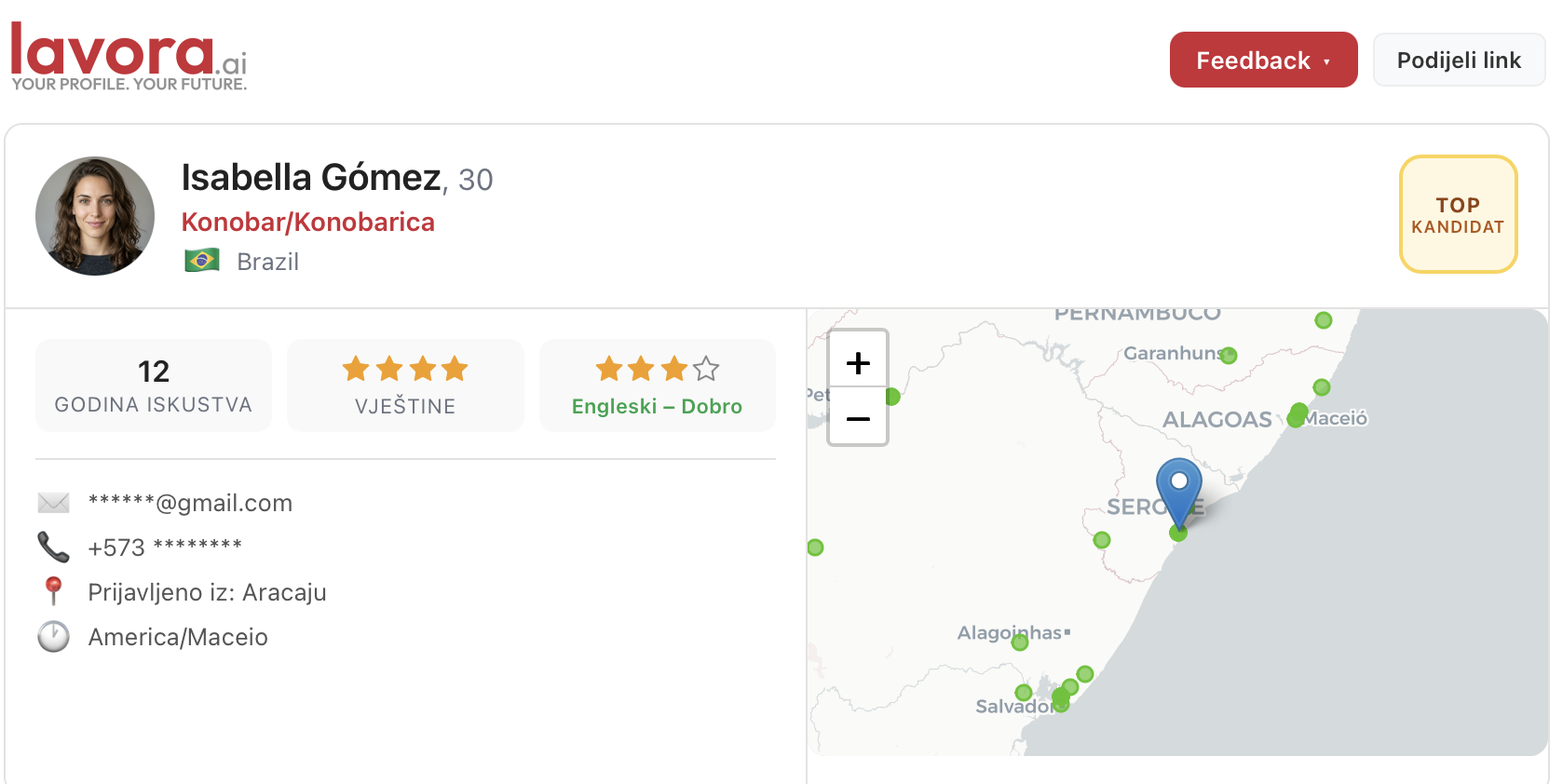 Exemplo de um perfil de candidato na aplicação